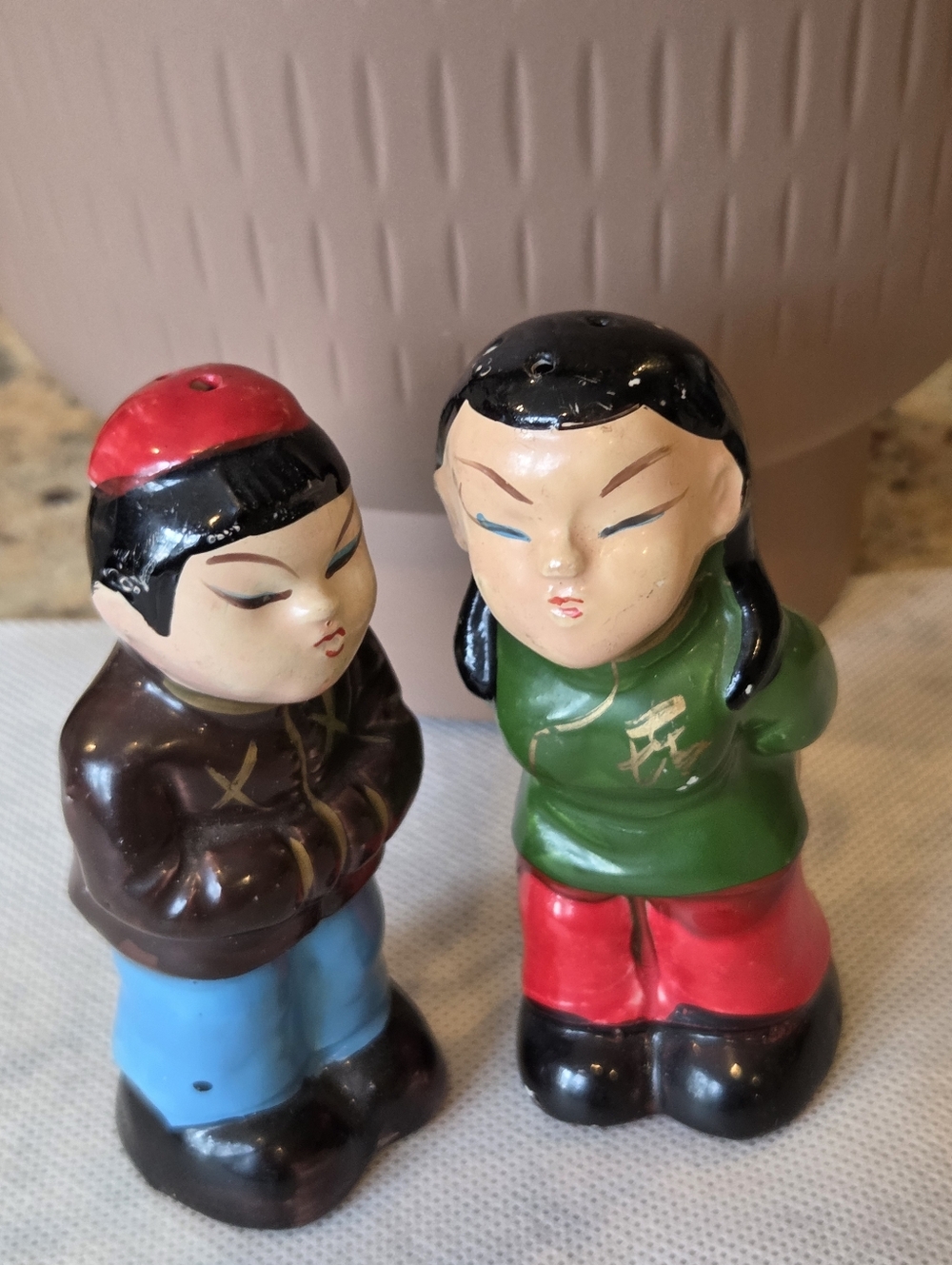 Vintage Ceramic Asian Boy and Girl Salt & Pepper Shakers